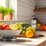 A vibrant kitchen scene featuring a scale, colorful fresh fruits, and a bottle of XLS Medical in the background.