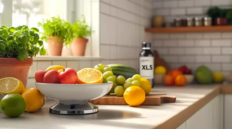 A vibrant kitchen scene featuring a scale, colorful fresh fruits, and a bottle of XLS Medical in the background.